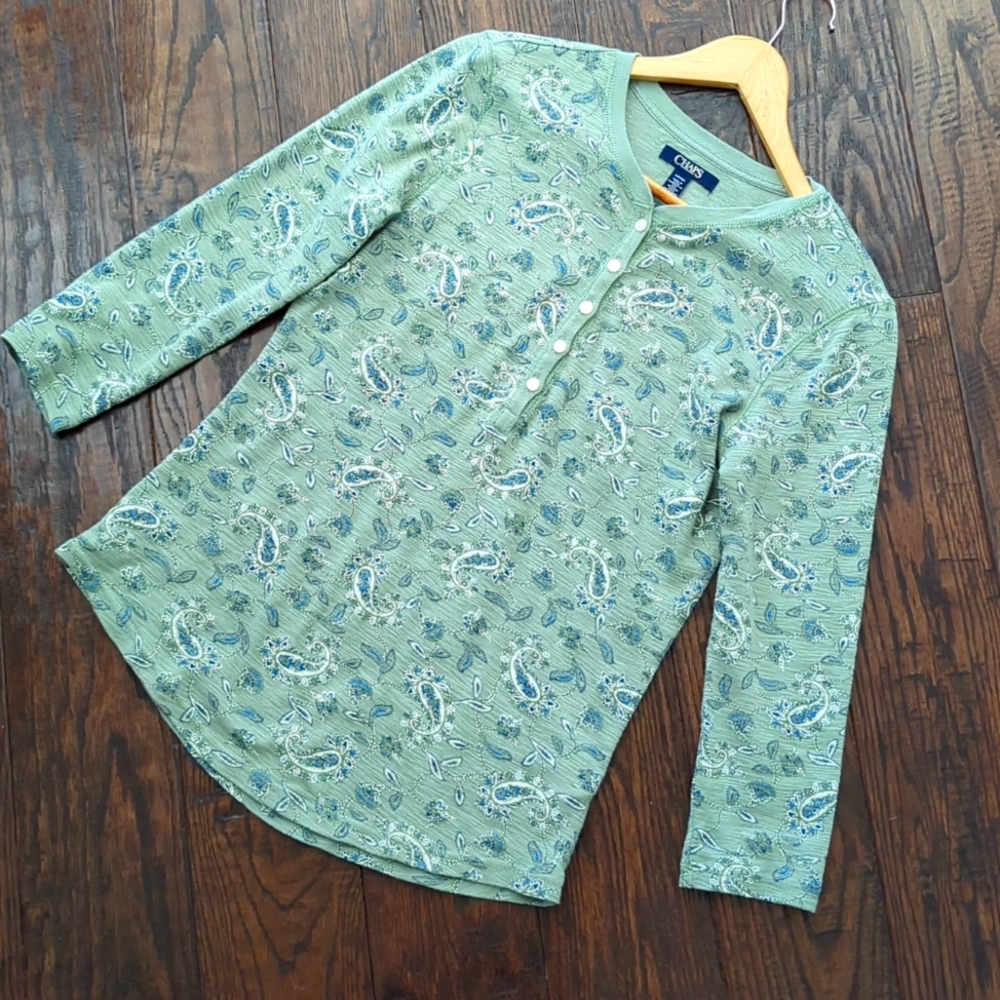 CHAPS I Sage Green & Blue Paisley Print Cotton Button Front Henley Shirt Top, S - Picture 3 of 12